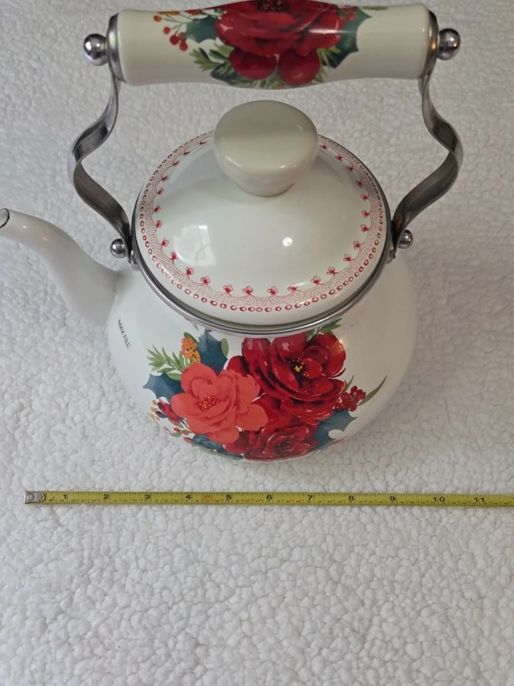 Pioneer Woman Tea Pot Kettle Holiday Cheerful Rose Enamel 1.9 Quart Steel